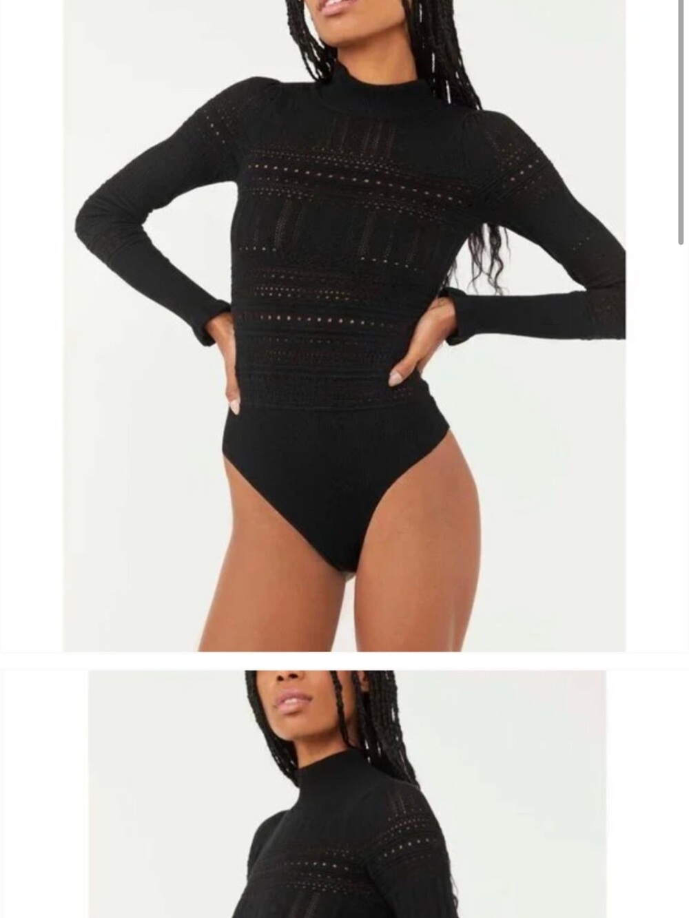 Free People Black Pointelle High-Neck Long-Sleeve Bodysuit - Picture 2 of 10